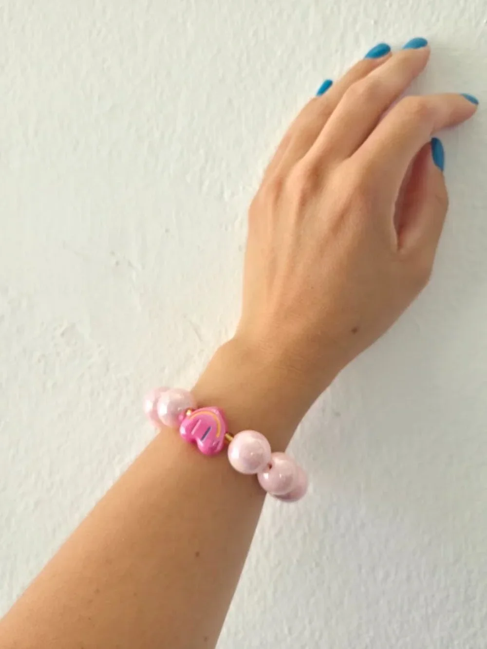 Pink Chunky Beaded Stretch Bracelet Smiley Heart Charm Y2K Jewelry